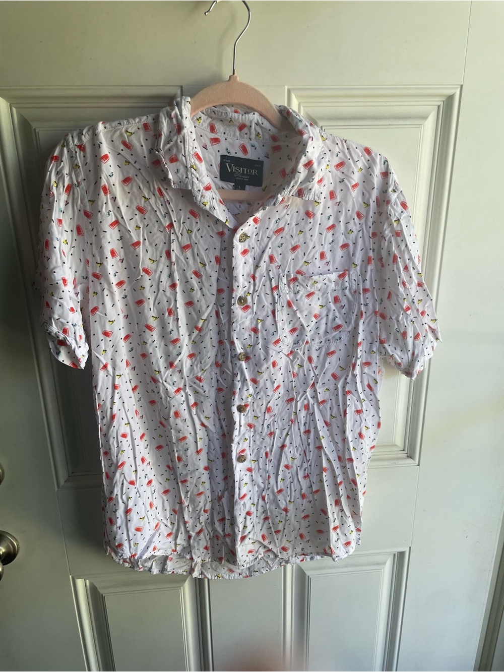 Men's White Short-Sleeve Button-Up Shirt with Red Solo Cup prints